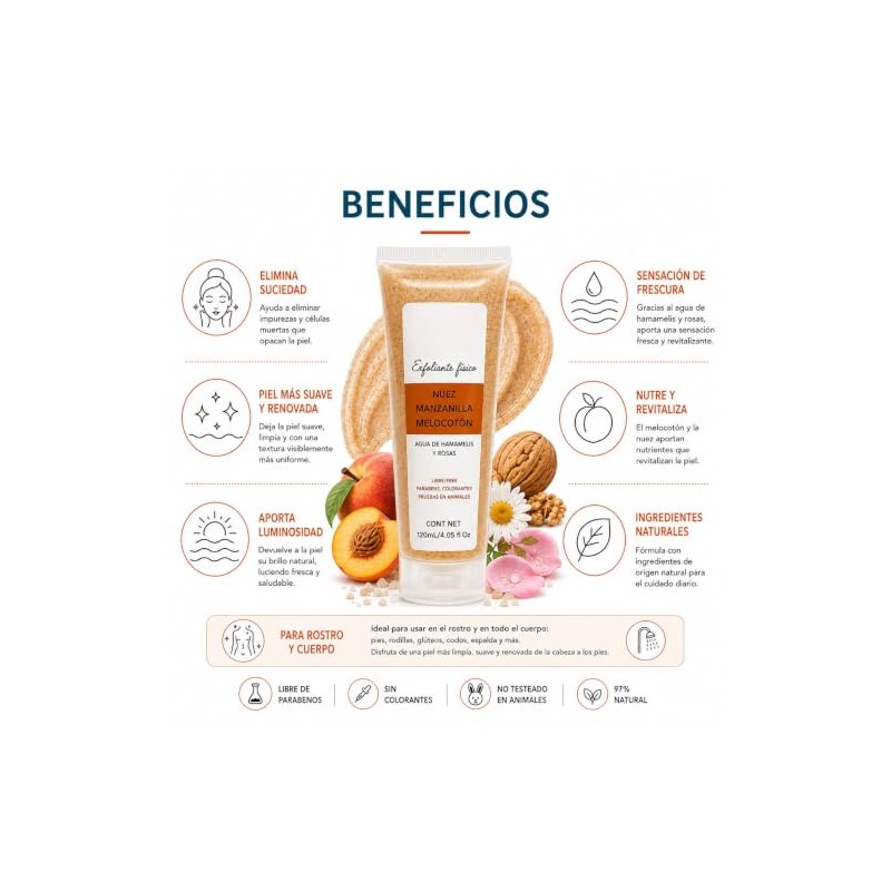 GEL EXFOLIANTE CORPO-FACIAL NUEZ, MANZANILLA Y MELOCOTÓN 120ML4.05 fl oz.