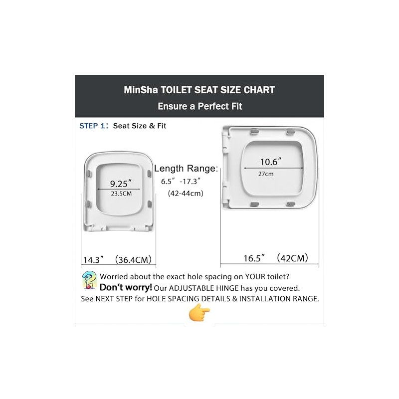 Minsha MinS03 square toilet seat, glossy finish, designed for 16.5”L