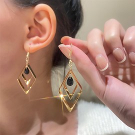 Vintage Rhombus Square Drop Earrings Hollow Square Earrings Geometric Dangle Hook Earrings Black Onyx Teardrop Earrings Square Hoop Earrings Jewelry for Women