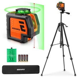 GOCHIFIX 360° Laser Level with Tripod 5 Lines Laser Level 2 Plumb Dots Self Leveling Green Line Laser Level Tool for Construction, Floor Tile Included Target Plate, Battery, Carry Bag, Black + Orange