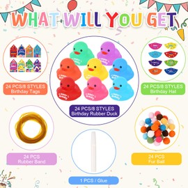 Lunmon 24 Pack DIY Birthday Rubber Duck Sets Include 24 Mini Rubber Ducks 24 Tags 24 Hats Bath Pool Toys for Kids Toddler Baby Classroom Reward Birthday Gifts Party Favors