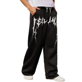 OYOANGLE Men's Graphic Print Drawstring Waist Baggy Sweatpants Loose Straight Leg Pants with Pocket Black Small