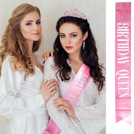 Birthday Tiara for Women, Tiara for Women Pink Rhinestone, Happy Birthday Queen Tiara for Women, Crown for Girls Tiaras Birthday Queen Crowns with Birthday Girl Sash