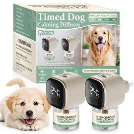 Pheromones Diffuser Dog Calming 4 in 1 Appeasing Relaxing Diffuser with Timing Function Pet Kit (2 Plug in +2 Refill 48ml) for Anxiety Relief Reduce Aggression Barking Fighting Stress