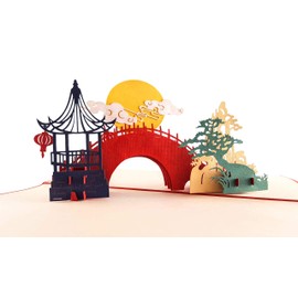 iGifts And Cards Inspirational Asian Pavilion Scenery 3D Pop Up Greeting Card Full Moon, Romantic Bridge, Lanterns, Pine Tree, Half-Fold, Birthday, Mid-Autumn Festival, Chinese New Year