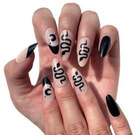 JUSTOTRY Pack of 24 Almond Nails for Sticking Short, Black French Artificial Nails, Glossy Nude Oval Artificial Nails, Press on Nails, Acrylic Fingernails, Fake Nails, Short for Women