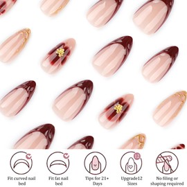 Almond Press On Nails - 24 Pcs Short False Nails - Red French Tip Nails With Floral Design - 3D Acrylic Nude Color Glue On nails - High Glossy Full Cover Stick On nail For Women Girls