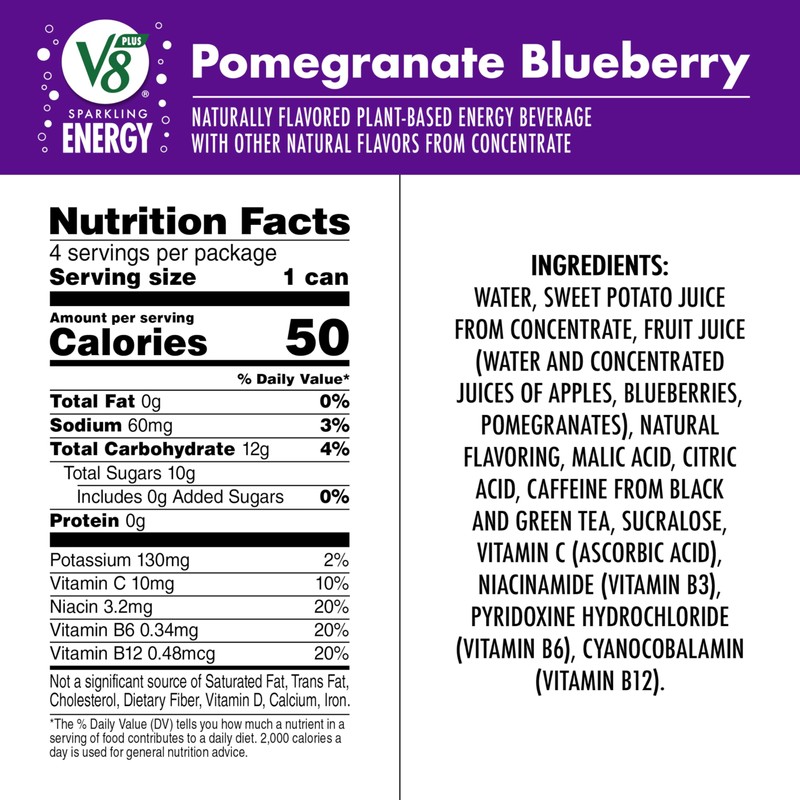 V8 +Energy Sparkling Pomegranate Blueberry Juice Energy Drink, 11.5 fl