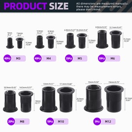 Swpeet 180 Pieces 7 Sizes Metric Rivet Nuts Kit, M3 M4 M5 M6 M8 M10 M12 Rivet Nut, Metric Black Galvanised Carbon Steel Rivet Nut Inserts Kit, Flat Head with Threaded Insert Nut Assort
