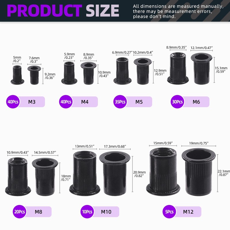 Swpeet 180 Pieces 7 Sizes Metric Rivet Nuts Kit, M3