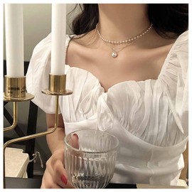 Cimenexe Bohemian Layered Pearl Collar Necklace Gold Pearl Collar Chain Vintage Pearl Pendant Necklace Layered Pearl Collar Necklace Chain Jewellery for Women and Girls Gifts, Metal, Pearl, pearls