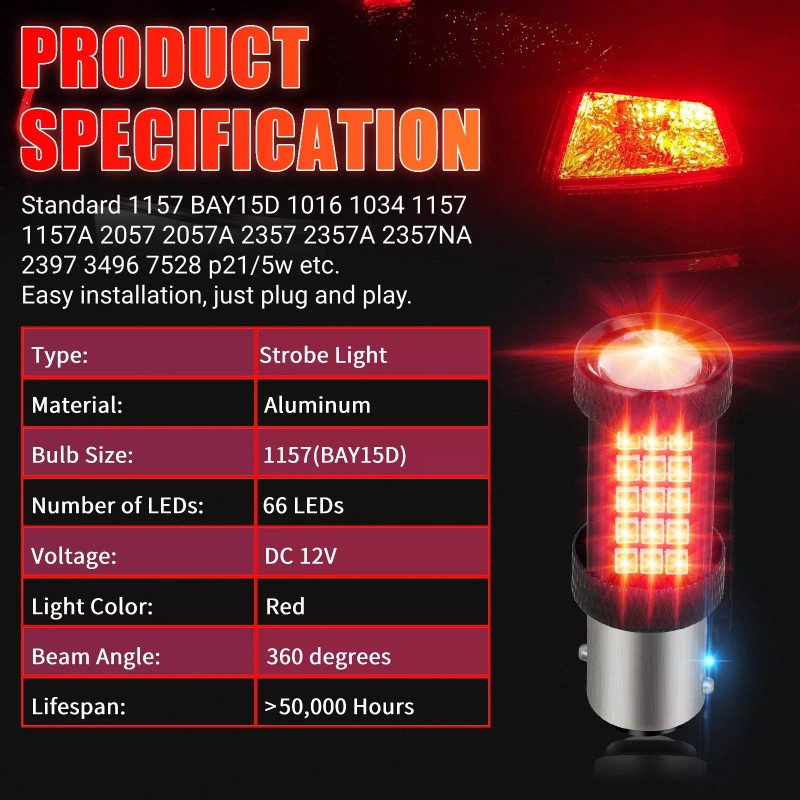 Wowpartspro 2x 1157 66 LED Strobe Flash Safety Brake Stop