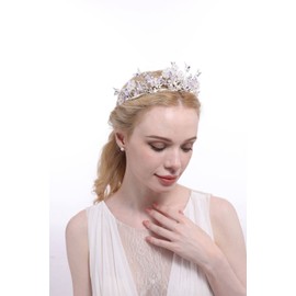 Yunyuebridal Corona de novia con perlas barrocas de diamantes de imitación y tiara, diadema de mariposa, accesorios para el cabello de boda, corona de princesa, tiaras de novia, One Size, Metal, Perlas, diamantes de imitación