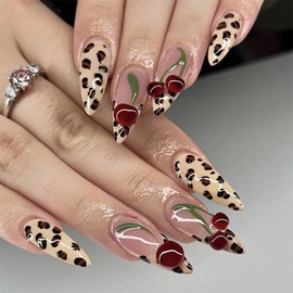 MERVF Almond Press on Nails Medium Fake Nails Leopard Print French Tip Glue on Nails 3D Cherry Press ons Stiletto Cheetah Design Acrylic False Nails for Women Glossy 24pcs
