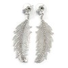 Silver Tone Clear Crystal Delicate Feather Drop Earrings - 50mm