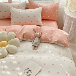 Freyamy Bed Linen 155 x 220 cm 2-Piece White Pink Heart Girls Bedding Sets Romantic Love Bed Linen 100% Microfibre Love Motif Duvet Cover with Zip and Pillowcase 80 x 80 cm