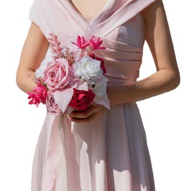 BENCENTRE 7 Inch Hot Pink Wedding Bouquet for Bride Bridesmaid,Small Wedding Bouquet, for Marriage Proposal Party and Vintage Wedding Ceremony Anniversary,Artificial Flowers