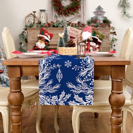 ARKENY Christmas Leaf Floral Table Runner 13x72 Inches, Blue Winter Holiday Indoor Outdoor Table Decoration for Home