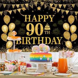 90th Birthday Decorations for Women Men - Happy 90th Birthday Banner Decorations Black Gold Welcome Background Sign for Cheers 90 Years Birthday Party Supplies Decor Indoor Outdoor (71 x 45 inch) ﻿