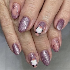 Christmas Press on Nails Short Oval French Tip Fake Nails Purple Stars False Nails with Designs Gnome Santa Claus White Glitter Winter Glossy Glue on Nails Xmas Acrylic Nails for Women Girls 24 Pcs