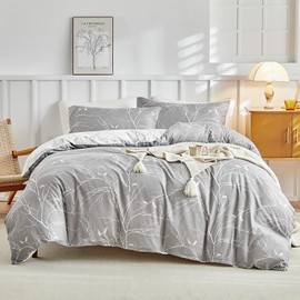 Tokokimo Double Duvet Cover Set 4PCS Bedding Set with Fitted Sheet, Soft Microfiber Double Duvet Set with Pillowcases and Extra Fitted Sheet, Botanical Branches Printed Grey Bedding Double Bed Set