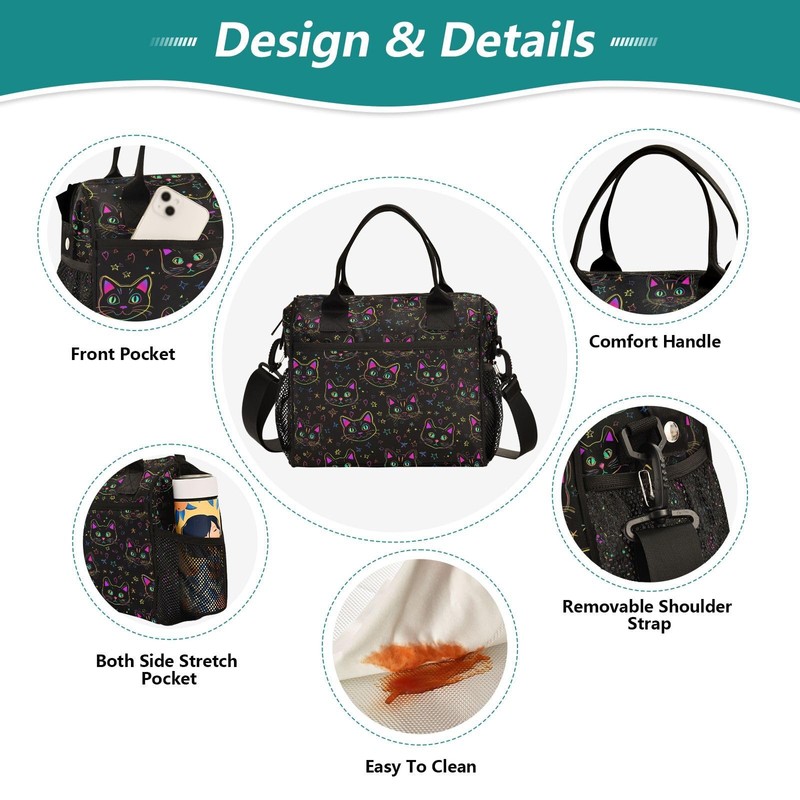 DerlonKaje Neon Cat Women's Insulated Lunch Bag Large Capacity 12L