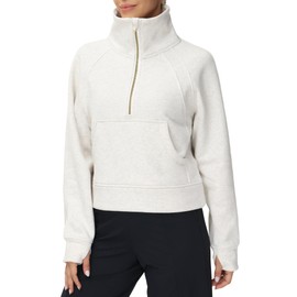 THE GYM PEOPLE Women's Half Zip Pullover Sweatshirt Fleece Stand Collar Crop Sweatshirt with Pockets Thumb Hole Off-white