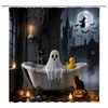 Halloween Shower Curtain,Whimsical Ghost in Bathtub with Black Cat Pumpkin