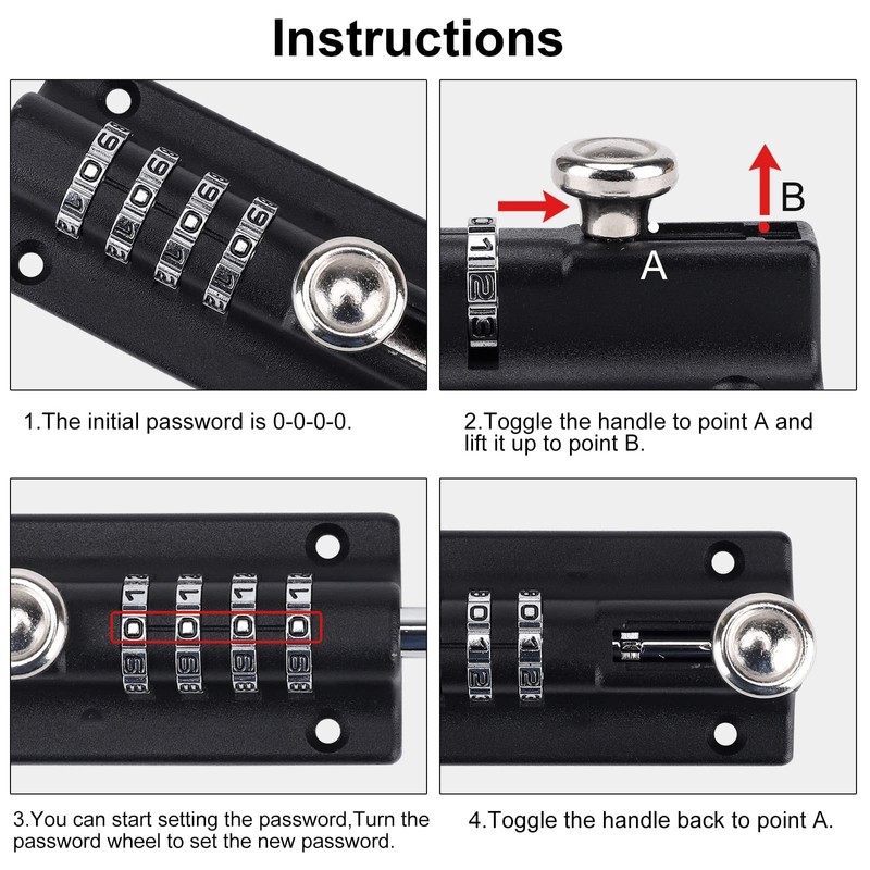 Combination Bolt Door Lock, 4-Digit Combination Lock, Gate Bolt with