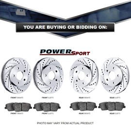PowerSport Front Rear Silver Drilled Slotted Brake Rotors and Ceramic Pads Compatible For 1982-1988 Nissan 200SX, Maxima