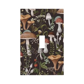 Black Retro Vintage 70s 60s Boho Hippie Mushroom Fungus 1 Gang Single Toggle Outlet Light Switch Wall Plate Outlet Cover Botanical Floral Plant Electrical Faceplate Decorative Switchplate