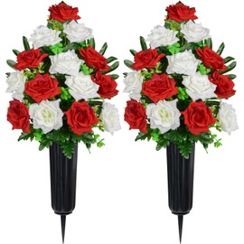 LaLamona Artificial Cemetery Flowers with Vases, Memorial Rose Bouquets Grave Decoration, Artificial Grave Flowers for Cemetery Graveyard Headstones Decor, Red&White, Set of 2