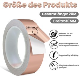 kupferband gegen schnecken 20mX30mmX0.05mm kupferband gegen schnecken Doppelseitiges Klebeband Selbstklebendes Abschirmungsband Kupferband zum Erden, Löten und Schneckenabwehr schneckenschutz