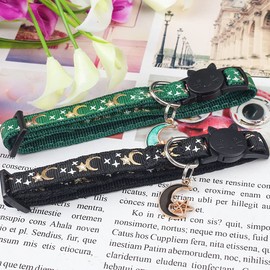 2 Pcs Pet Collars, Gold Moons and Stars Cat Collar with Pendant Adjustable Quick Release Safety Breakaway Dog Collar(Green+Black)