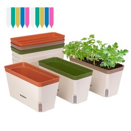VIVOSUN Self-Watering Planters, Compact Rectangular Window Herb Planter Box with 10 PCS Plant Labels, Plant Container for Basil, Flowers, Succulents, Indoor & Outdoor, 6-Pack