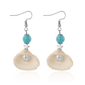 QLUYCKW Natural Seashell Earrings Bohemian Turquoise Pearl Silver Scallop Drop Dangle Earrings Cowrie Summer Beach Vacation Jewelry for Women (Blue Scallops)