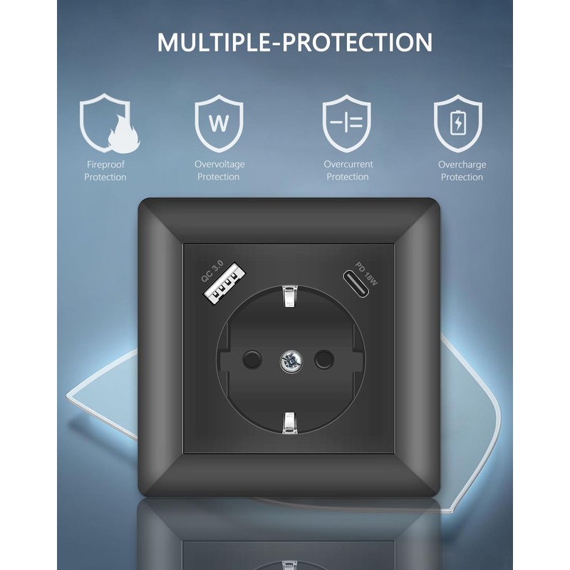 Sasudose USB Socket Flush-Mounted Grey 18 W Quick Charge System