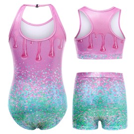 Kinberr Girls Gymnastics Outfit One Piece Quick Dry Gym Leotards Shiny Pink Green Unitard Biketards for Performence