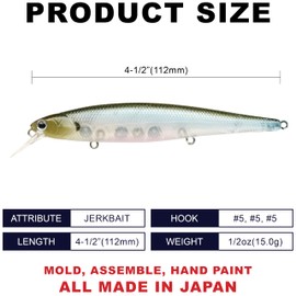 LUCKY CRAFT Slender Pointer 112MR Suspending Jerkbait, 4.4” Bass Fishing Lure with 3 Treble Hooks, Freshwater Crankbait, Fishing Gear for Tackle Box, 538 NC Ghost Minnow