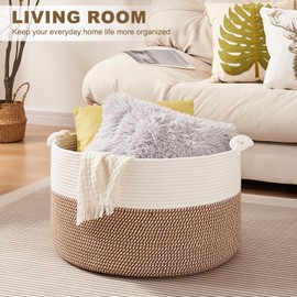 OIASKET Large Blanket Storage Basket for Living Room, 22.8" x 22.8" x 13" Woven Cotton Rope Basket with Handles, Baby Toy Storage, Laundry Hamper for Clothes, Pillows, Towels-Yellow and White