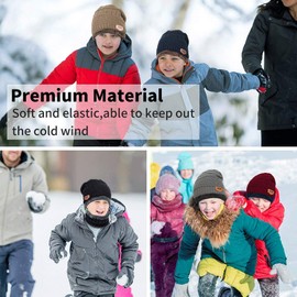 Aisprts Kids Winter Beanie Hat and Scarf Set Knitted Thermal Fleece Lining Hat and Snood Neck Warmer for Boys Girls, Khaki, One Size