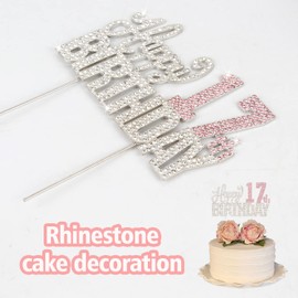 Nelbiirth Decoración para tartas con diamantes de imitación plateados y rosados de feliz cumpleaños 17 – Letrero de metal brillante con texto en inglés "Cheers to 17 Years Old Seventeen Bday"