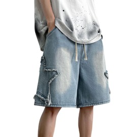 FCOOLYEET Men's Baggy Jeans Shorts Y2k Star Patchwork Denim Shorts Wide Leg Loose Hip-hop Jorts Y2k