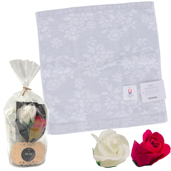 3world SW1883 Imabari Towel, Non-Withering Flowers, Soap Flowers, Mini Bouquet, Gift Set, Pre-wrapped, Mother's Day, Birthday, Anniversary, Gift, Petite Gift, Petite Gift, Towel: Gray (Rose)