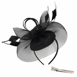 Black Fascinators for Women, Feather Mesh Black Veil Fascinator Hat with Headband and Clip, Vintage Fascinators for Weddings, Cocktail Tea Party Church Evening Race Prom Headwear for Girls Women