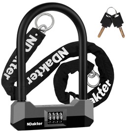 NDakter Bike Locks Heavy Duty Anti Theft, 18mm Motorcycle Combination U Lock with 4FT Chain, 4-Digit Combo Resettable Bicycle Lock with 2Keys for Ebike, Electric Scooter, Moped, Adults Tricycle (Gray)