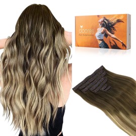 DOORES Seamless Clip-In Real Hair Extensions, Walnut Brown to Ash Brown and Bleach Blonde, 50 cm / 20 Inches, 7 Pieces, 110 g, Remy Clip-In Hair Extensions, Seamless Human Hair