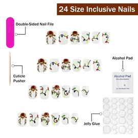 Christmas Press on Nails Short Square SWEKKE Fake Nails False Nails with Designs Cute Reindeer Colorful Full Cover Glossy Glue on Nails Acrylic Nails for Women Girls 24 Pcs