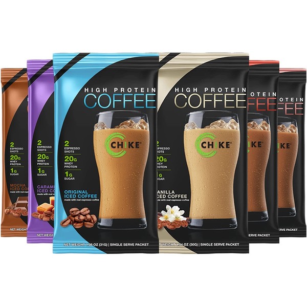 Chike High Protein Iced Coffee Sampler Pack, 20 G Protein, 2 Shots Espresso, 1 G Sugar, Keto Friendly and Gluten Free, 6 Single Serve Packets