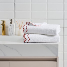 Peri Home 2 Piece Bath Towel Set, 500 GSM, 100% Cotton Towel for Bathroom, Embroidered, Soft & Absorbent, White with Chili Red Scallop